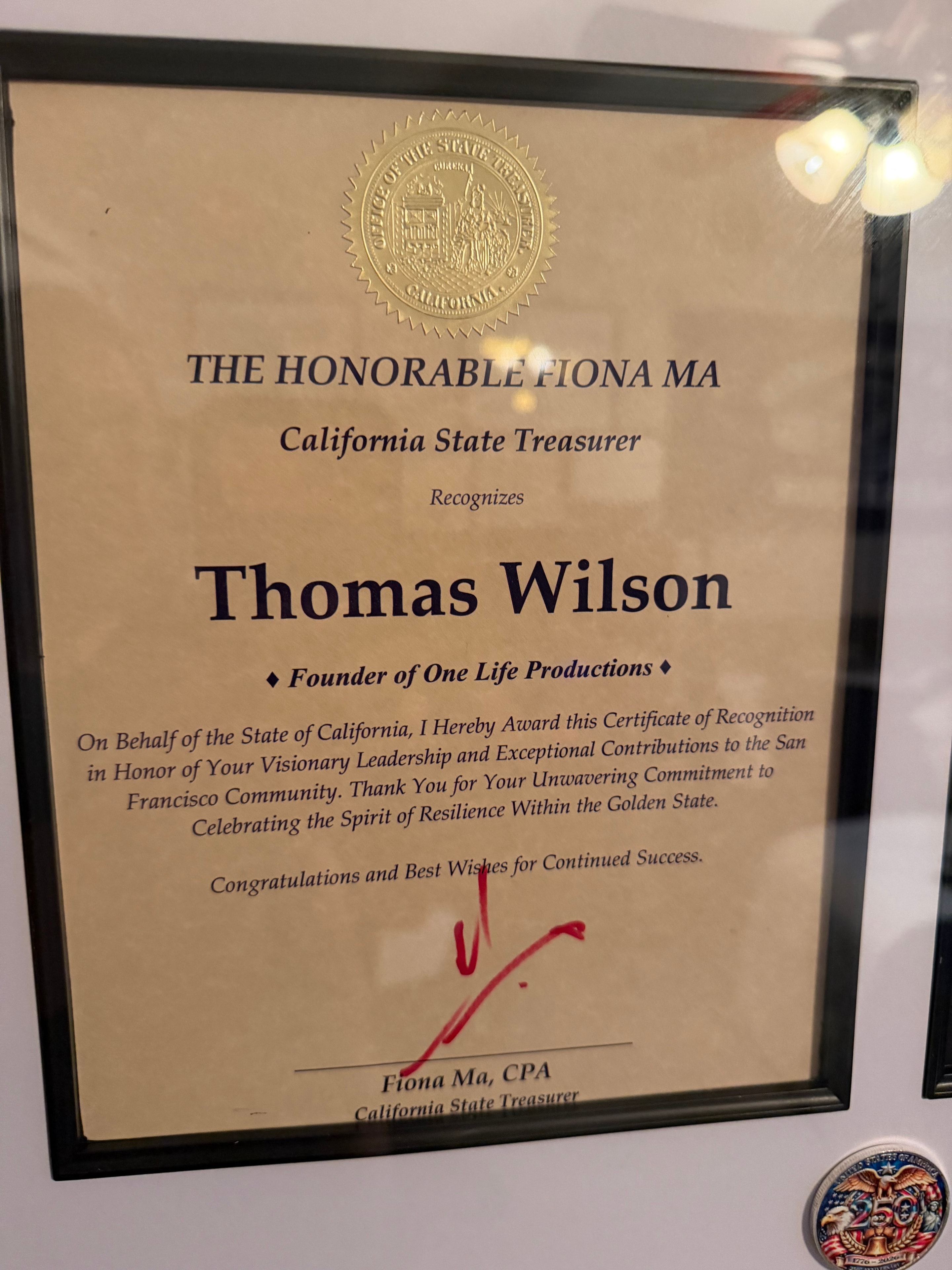 Certificate of Recognition — California State Treasurer